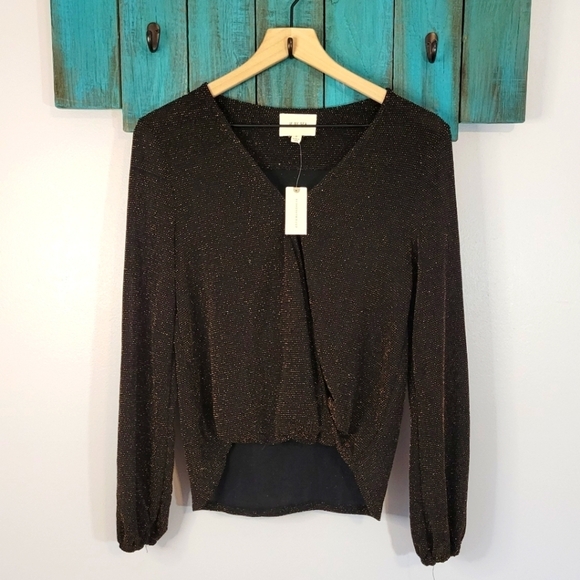 Anthropologie If By Sea gold glitter thread detail surplice faux wrap blouse NWT - Picture 2 of 10